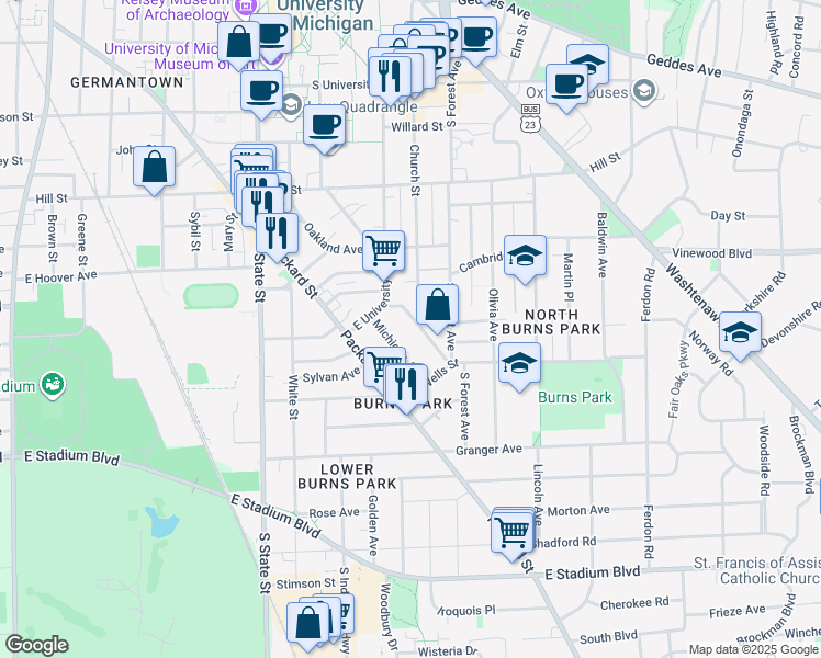map of restaurants, bars, coffee shops, grocery stores, and more near 1127 Prospect Street in Ann Arbor