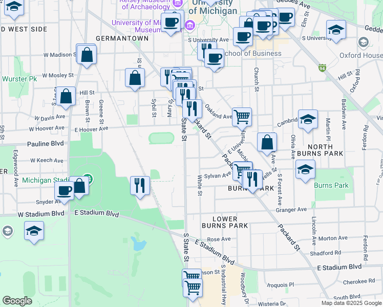 map of restaurants, bars, coffee shops, grocery stores, and more near 1109 South State Street in Ann Arbor