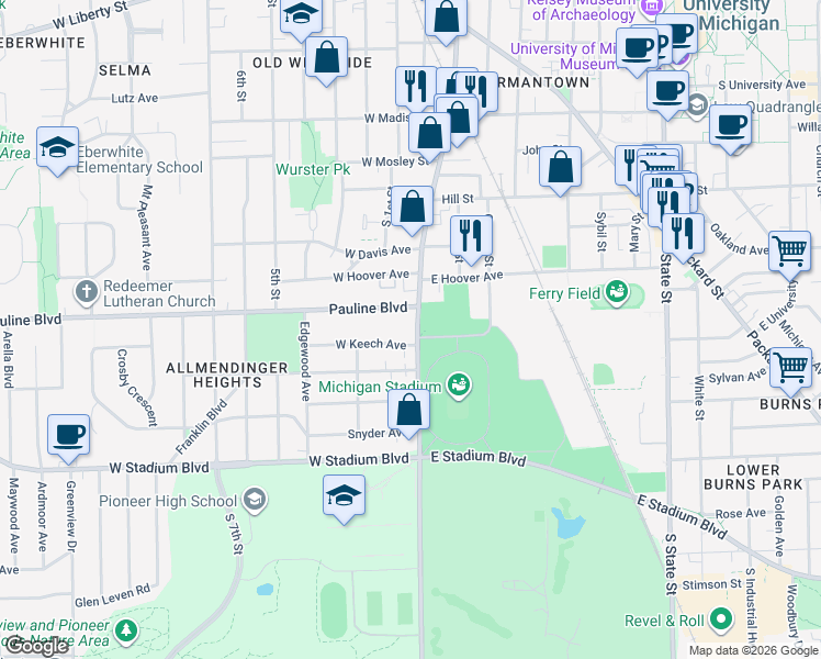 map of restaurants, bars, coffee shops, grocery stores, and more near 305 Pauline Boulevard in Ann Arbor