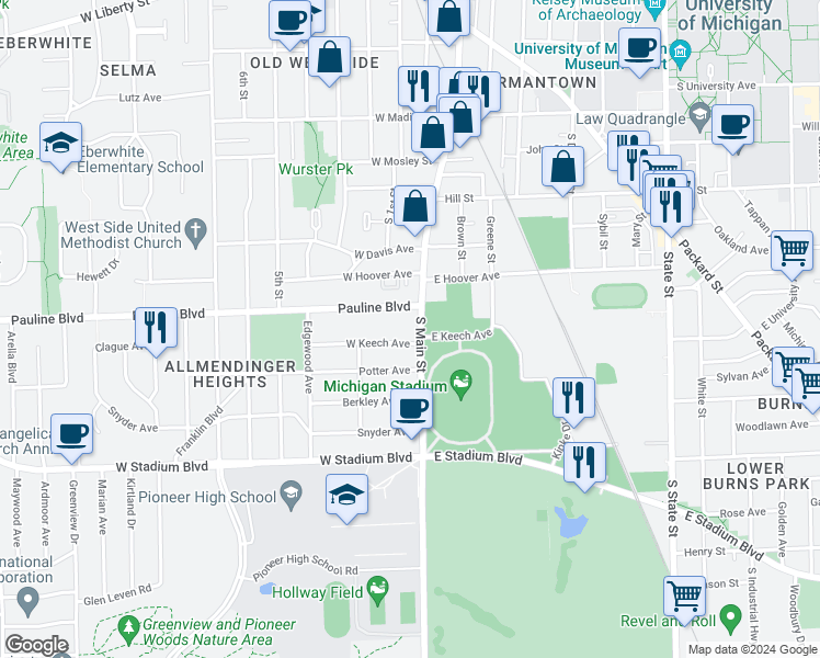 map of restaurants, bars, coffee shops, grocery stores, and more near 305 Pauline Boulevard in Ann Arbor