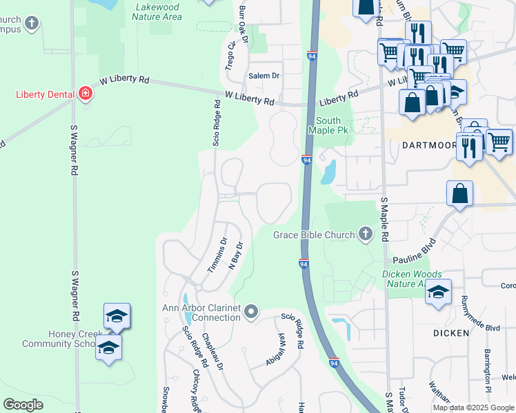 map of restaurants, bars, coffee shops, grocery stores, and more near 1510 Sagebrush Circle in Ann Arbor