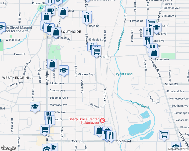 map of restaurants, bars, coffee shops, grocery stores, and more near 2221 South Burdick Street in Kalamazoo