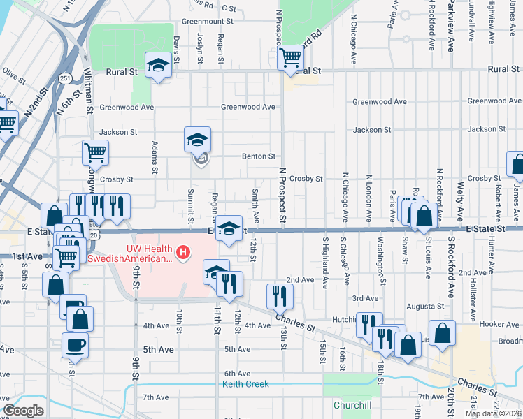 map of restaurants, bars, coffee shops, grocery stores, and more near 208 North Prospect Street in Rockford