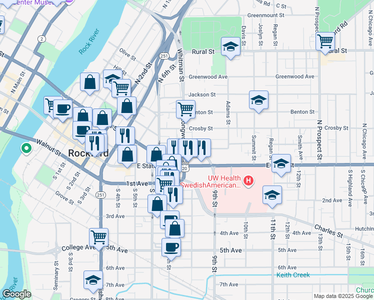 map of restaurants, bars, coffee shops, grocery stores, and more near 135 North Longwood Street in Rockford