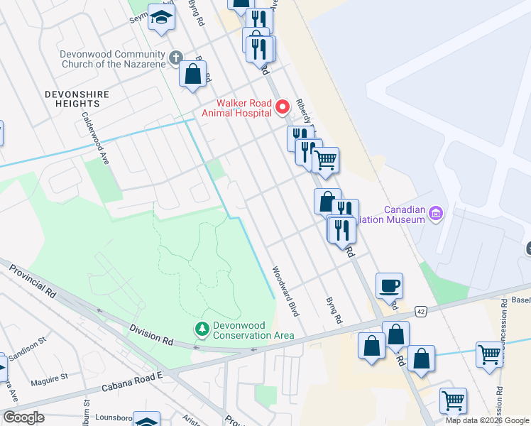 map of restaurants, bars, coffee shops, grocery stores, and more near 3705 Bliss Road in Windsor