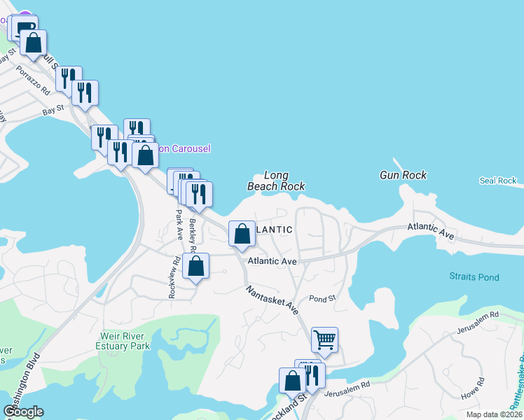 map of restaurants, bars, coffee shops, grocery stores, and more near 27 Oceanside Drive in Hull