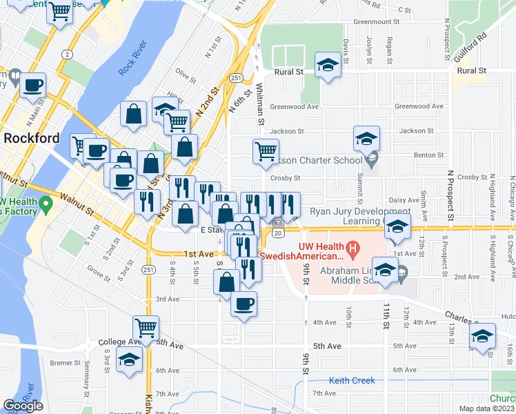 map of restaurants, bars, coffee shops, grocery stores, and more near 132 North Longwood Street in Rockford