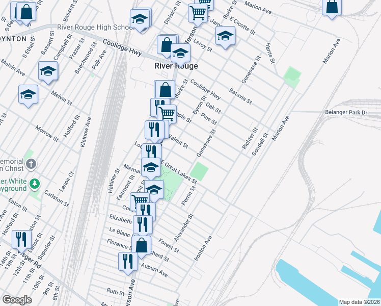 map of restaurants, bars, coffee shops, grocery stores, and more near 83 Walnut Street in River Rouge