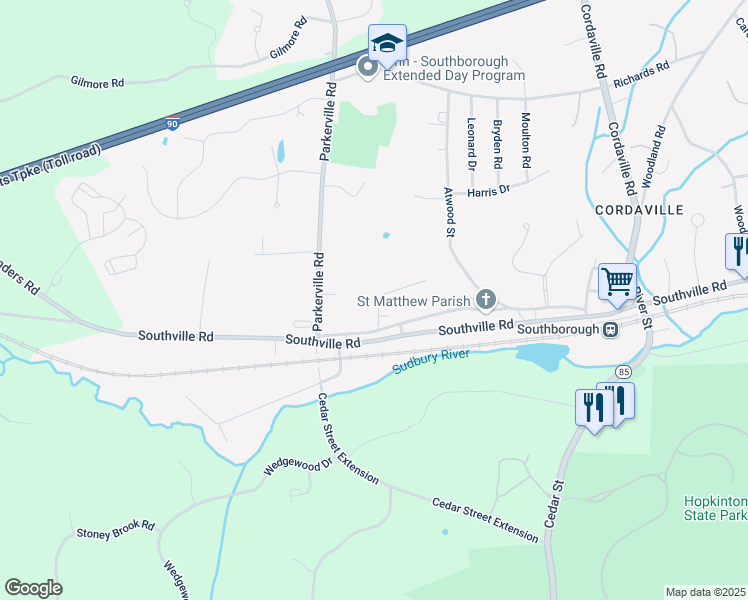 map of restaurants, bars, coffee shops, grocery stores, and more near 8 Pearl Street in Southborough