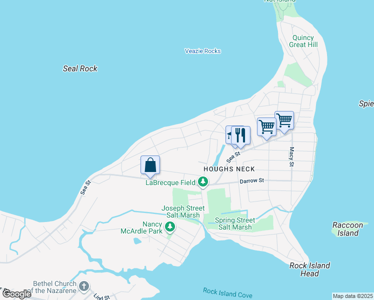 map of restaurants, bars, coffee shops, grocery stores, and more near Malvern Street in Quincy