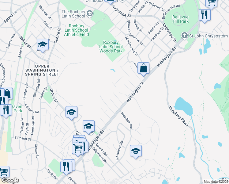 map of restaurants, bars, coffee shops, grocery stores, and more near 47 High View Avenue in Boston