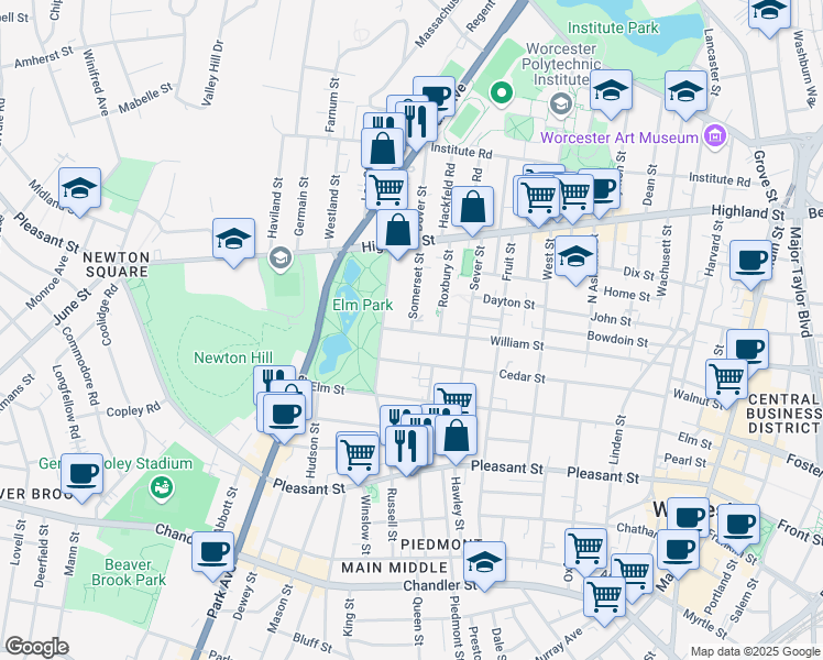 map of restaurants, bars, coffee shops, grocery stores, and more near 2 Somerset Street in Worcester