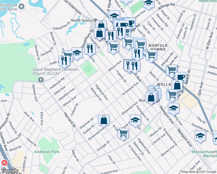 map of restaurants, bars, coffee shops, grocery stores, and more near 40 Taylor Street in Quincy