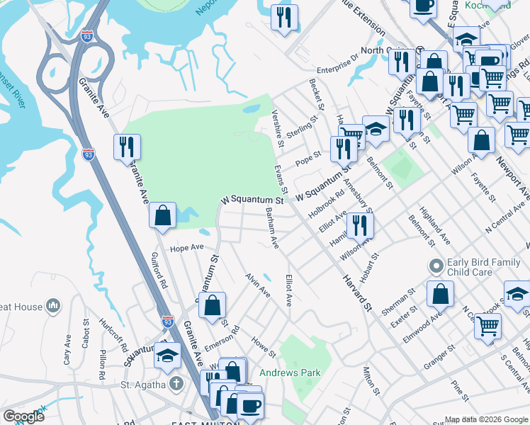 map of restaurants, bars, coffee shops, grocery stores, and more near 330 West Squantum Street in Quincy