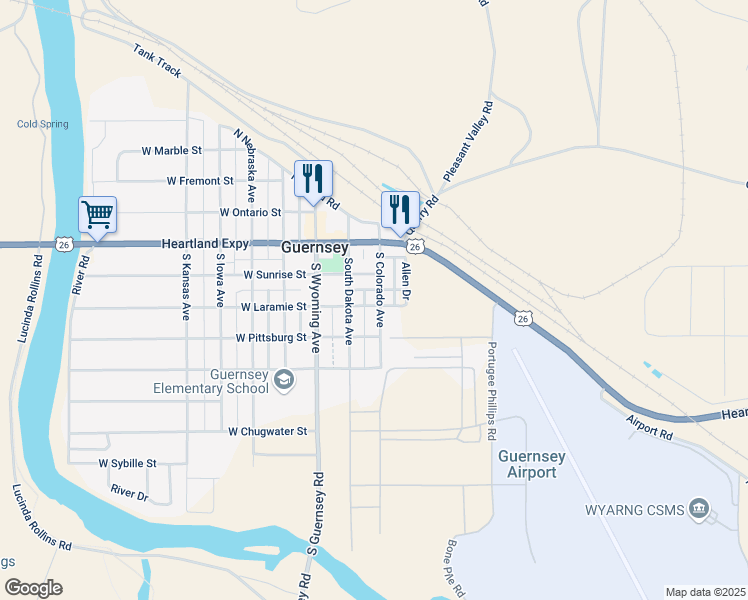 map of restaurants, bars, coffee shops, grocery stores, and more near 107 South Colorado Avenue in Guernsey