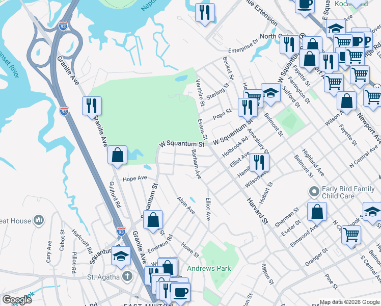 map of restaurants, bars, coffee shops, grocery stores, and more near 330 West Squantum Street in Quincy