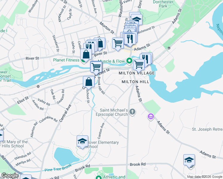 map of restaurants, bars, coffee shops, grocery stores, and more near 45 Morton Road in Milton