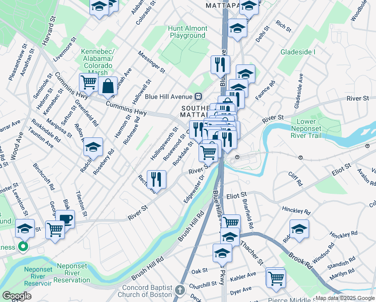map of restaurants, bars, coffee shops, grocery stores, and more near 20 Rosewood Street in Boston