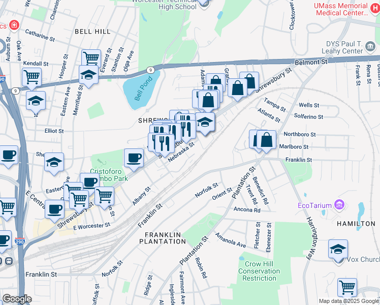 map of restaurants, bars, coffee shops, grocery stores, and more near 299 Shrewsbury Street in Worcester