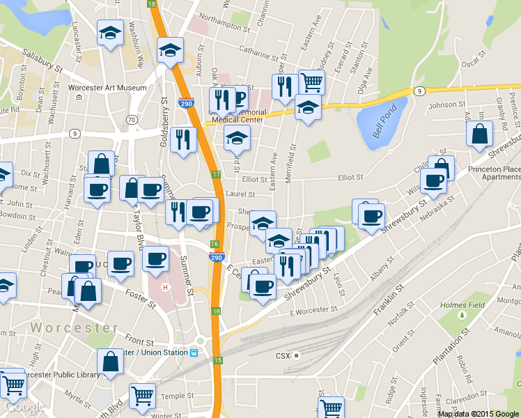 map of restaurants, bars, coffee shops, grocery stores, and more near 57 Laurel Street in Worcester