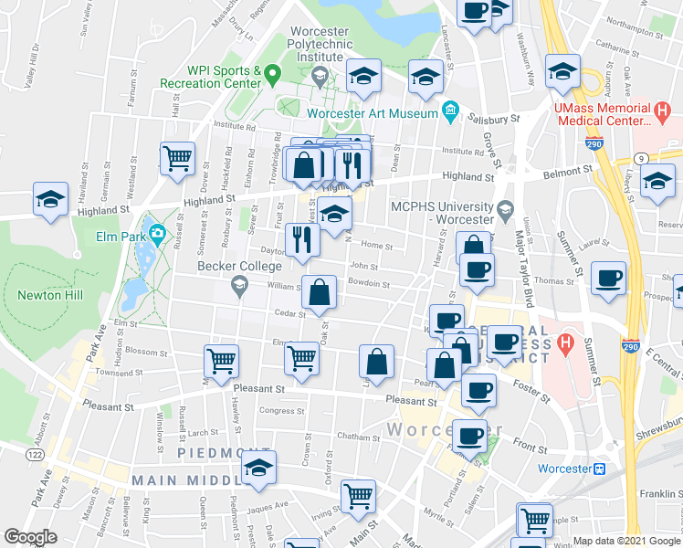 map of restaurants, bars, coffee shops, grocery stores, and more near 36 John Street in Worcester