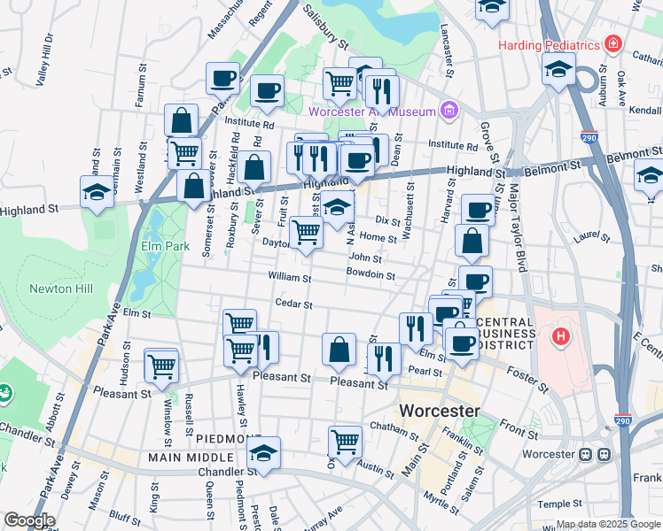 map of restaurants, bars, coffee shops, grocery stores, and more near 51 John Street in Worcester