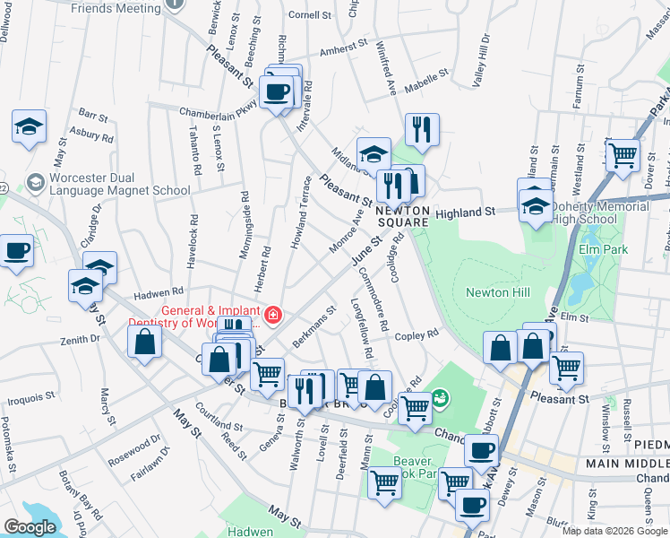 map of restaurants, bars, coffee shops, grocery stores, and more near 31 Monroe Avenue in Worcester