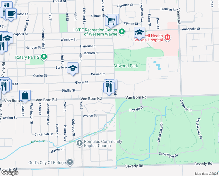 map of restaurants, bars, coffee shops, grocery stores, and more near 33943 Glover Street in Wayne