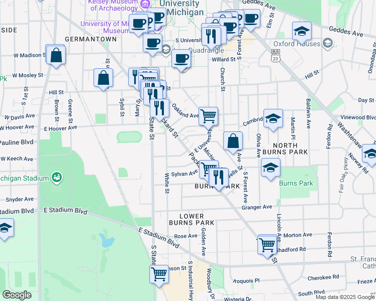 map of restaurants, bars, coffee shops, grocery stores, and more near 909 Packard Street in Ann Arbor