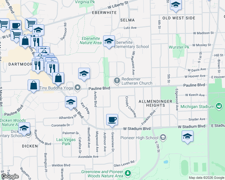 map of restaurants, bars, coffee shops, grocery stores, and more near Pauline Boulevard in Ann Arbor