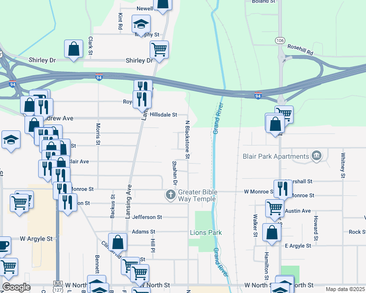 map of restaurants, bars, coffee shops, grocery stores, and more near 352 Moorman Drive in Jackson