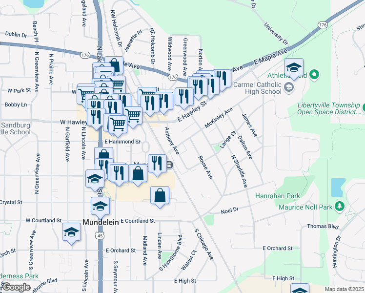 map of restaurants, bars, coffee shops, grocery stores, and more near 400 McKinley Avenue in Mundelein
