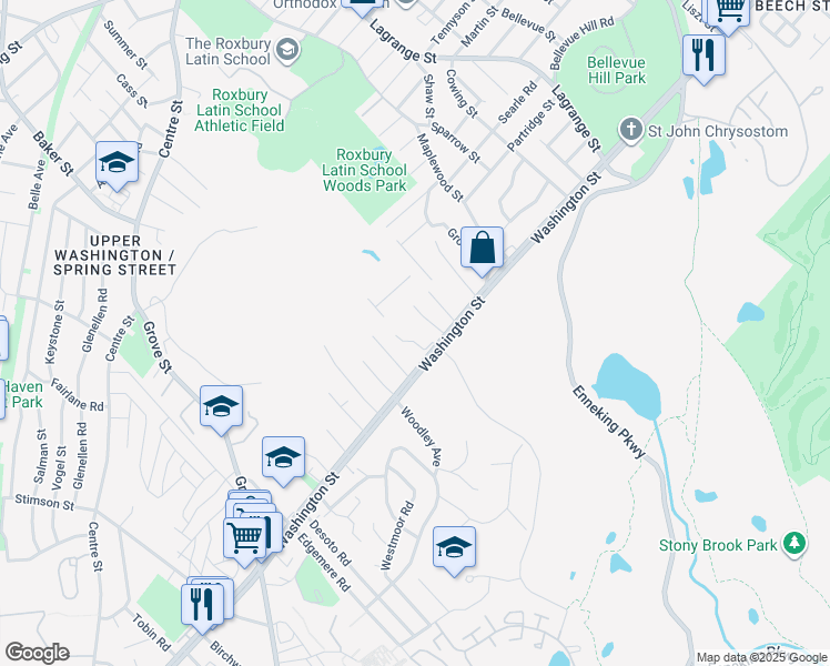 map of restaurants, bars, coffee shops, grocery stores, and more near 4975 Washington Street in Boston