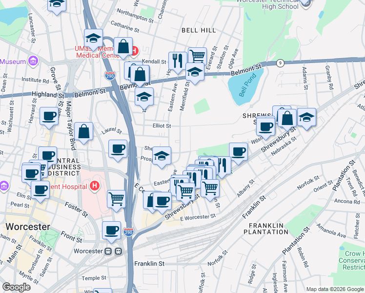 map of restaurants, bars, coffee shops, grocery stores, and more near 10 Merrifield Street in Worcester