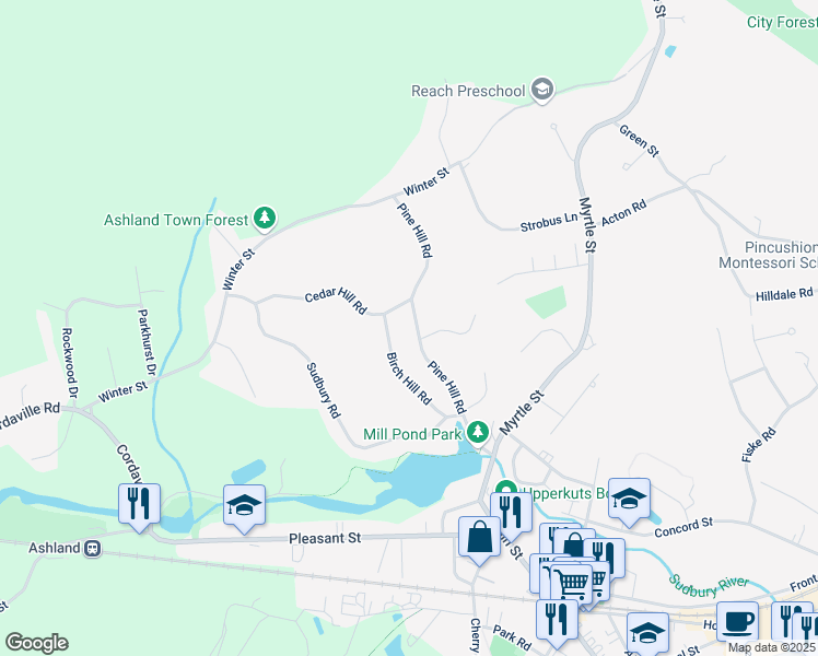 map of restaurants, bars, coffee shops, grocery stores, and more near 72 Pine Hill Road in Ashland