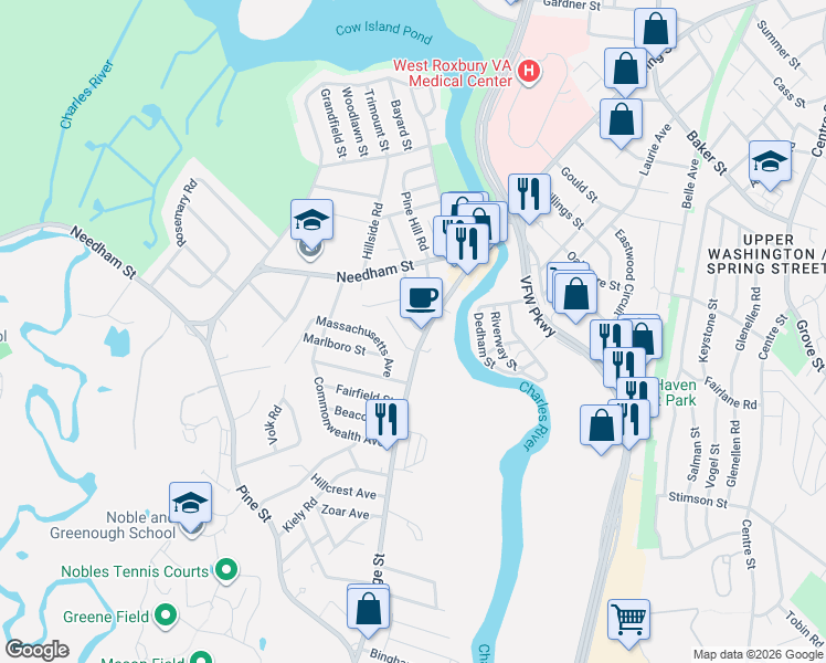 map of restaurants, bars, coffee shops, grocery stores, and more near 8 Breede Terrace in Dedham