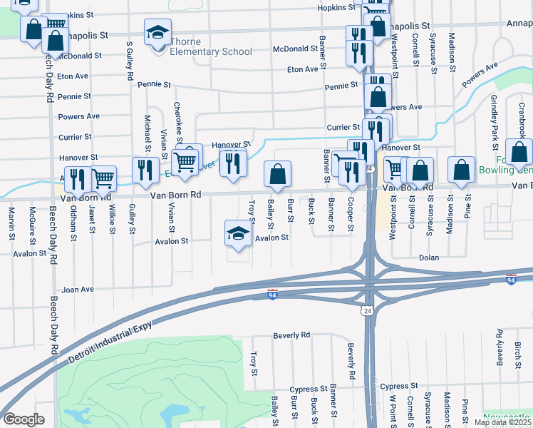 map of restaurants, bars, coffee shops, grocery stores, and more near 24645 Van Born Road in Taylor