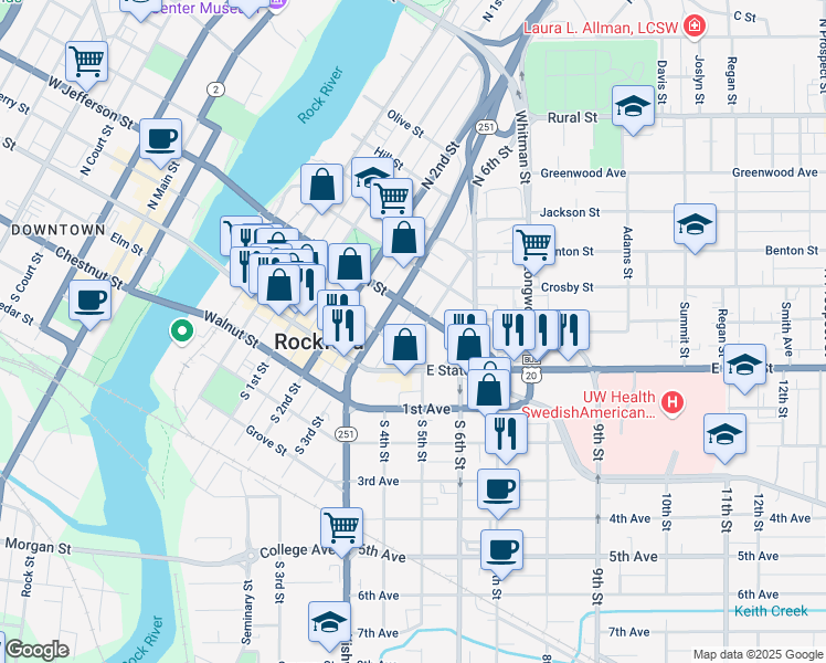 map of restaurants, bars, coffee shops, grocery stores, and more near 278 North 4th Street in Rockford