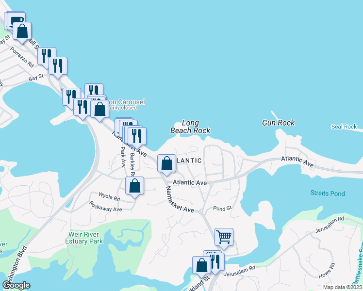 map of restaurants, bars, coffee shops, grocery stores, and more near 27 Oceanside Drive in Hull