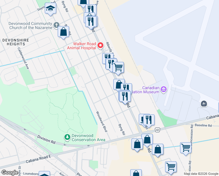 map of restaurants, bars, coffee shops, grocery stores, and more near 3750 Turner Road in Windsor