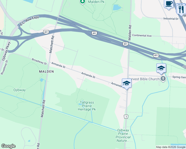 map of restaurants, bars, coffee shops, grocery stores, and more near 1554 Armanda Street in Windsor