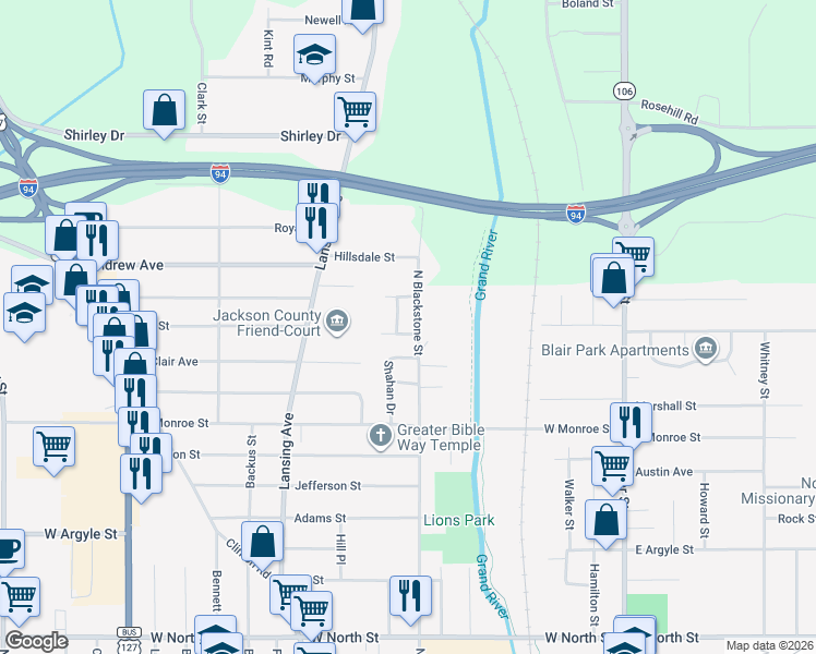 map of restaurants, bars, coffee shops, grocery stores, and more near 352 Moorman Drive in Jackson