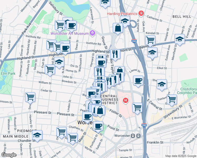 map of restaurants, bars, coffee shops, grocery stores, and more near 148 Main Street in Worcester