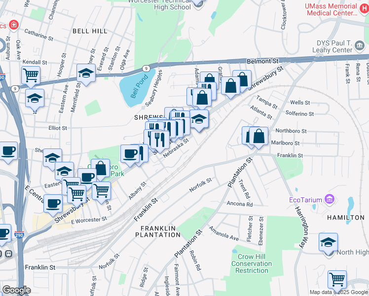 map of restaurants, bars, coffee shops, grocery stores, and more near 299 Shrewsbury Street in Worcester