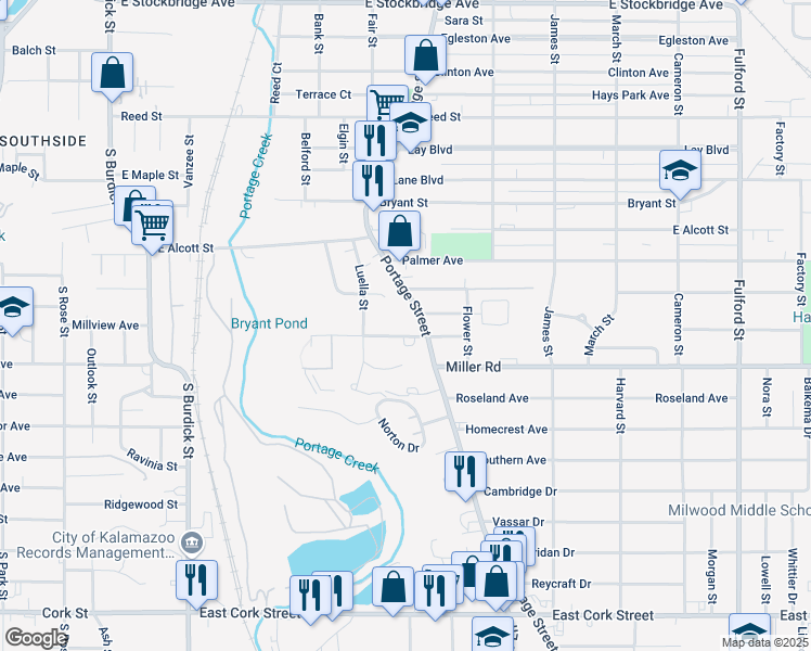 map of restaurants, bars, coffee shops, grocery stores, and more near 616 Luella Court in Kalamazoo