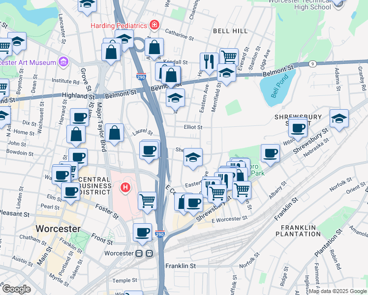 map of restaurants, bars, coffee shops, grocery stores, and more near 33 Shelby Street in Worcester