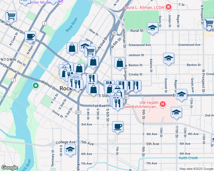 map of restaurants, bars, coffee shops, grocery stores, and more near 324 North 6th Street in Rockford