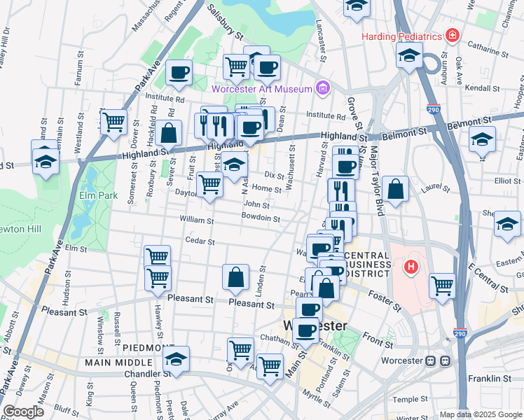map of restaurants, bars, coffee shops, grocery stores, and more near 27 John Street in Worcester