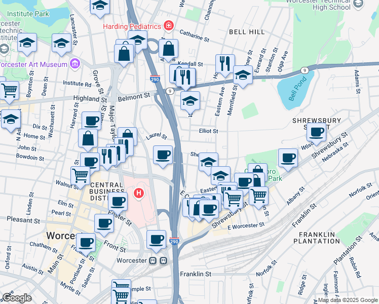map of restaurants, bars, coffee shops, grocery stores, and more near 23 Shelby Street in Worcester