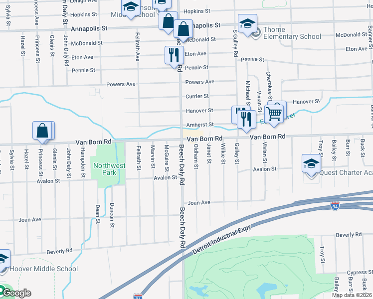 map of restaurants, bars, coffee shops, grocery stores, and more near 25757 Van Born Road in Taylor